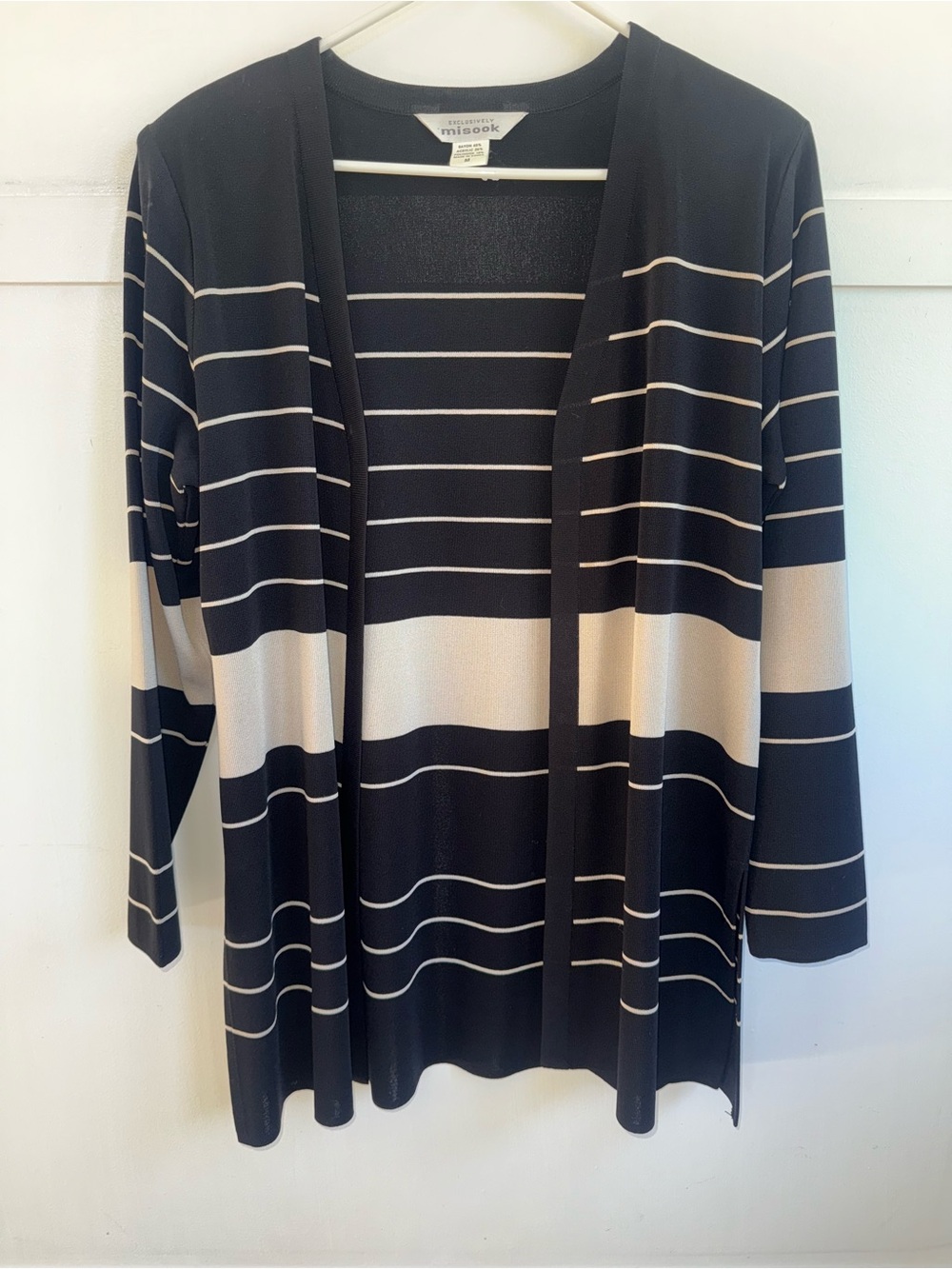 Exclusively Misook Black & Cream Striped Open Front Cardigan Knit Jacket Sz Med